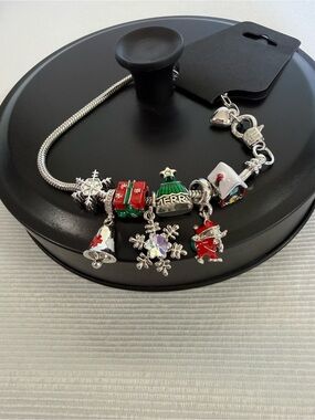 Christmas Holiday Charm Snake Chain Bracelet 7.08in Adjustable Clear Crystal